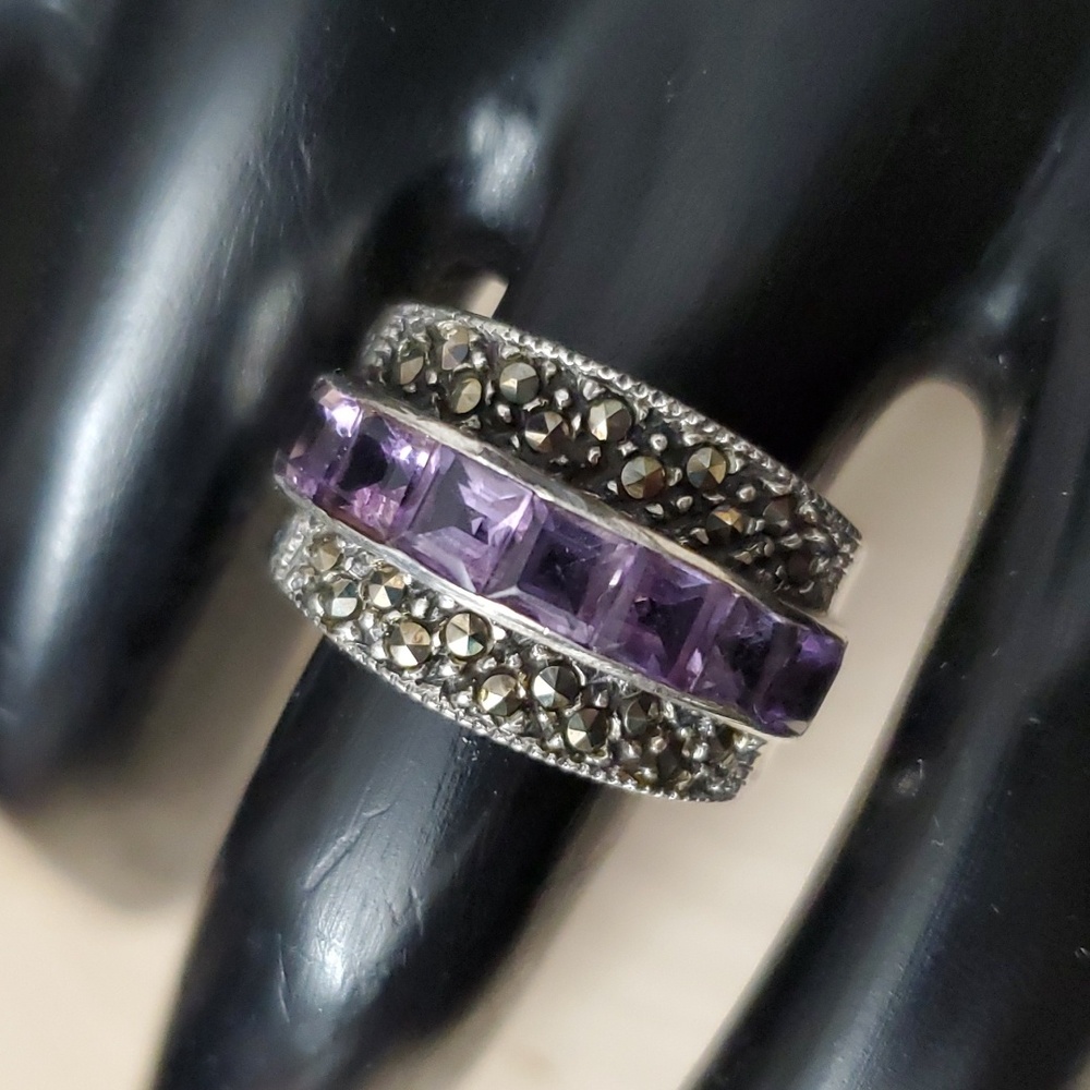 Sterling Silver 925 Twilight Majesty Amethyst and Marcasite Ring
